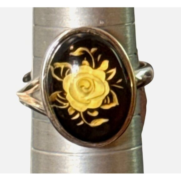 New! Baltic Amber Intaglio Rose in Sterling Silver Adjustable Ring - Picture 6 of 10